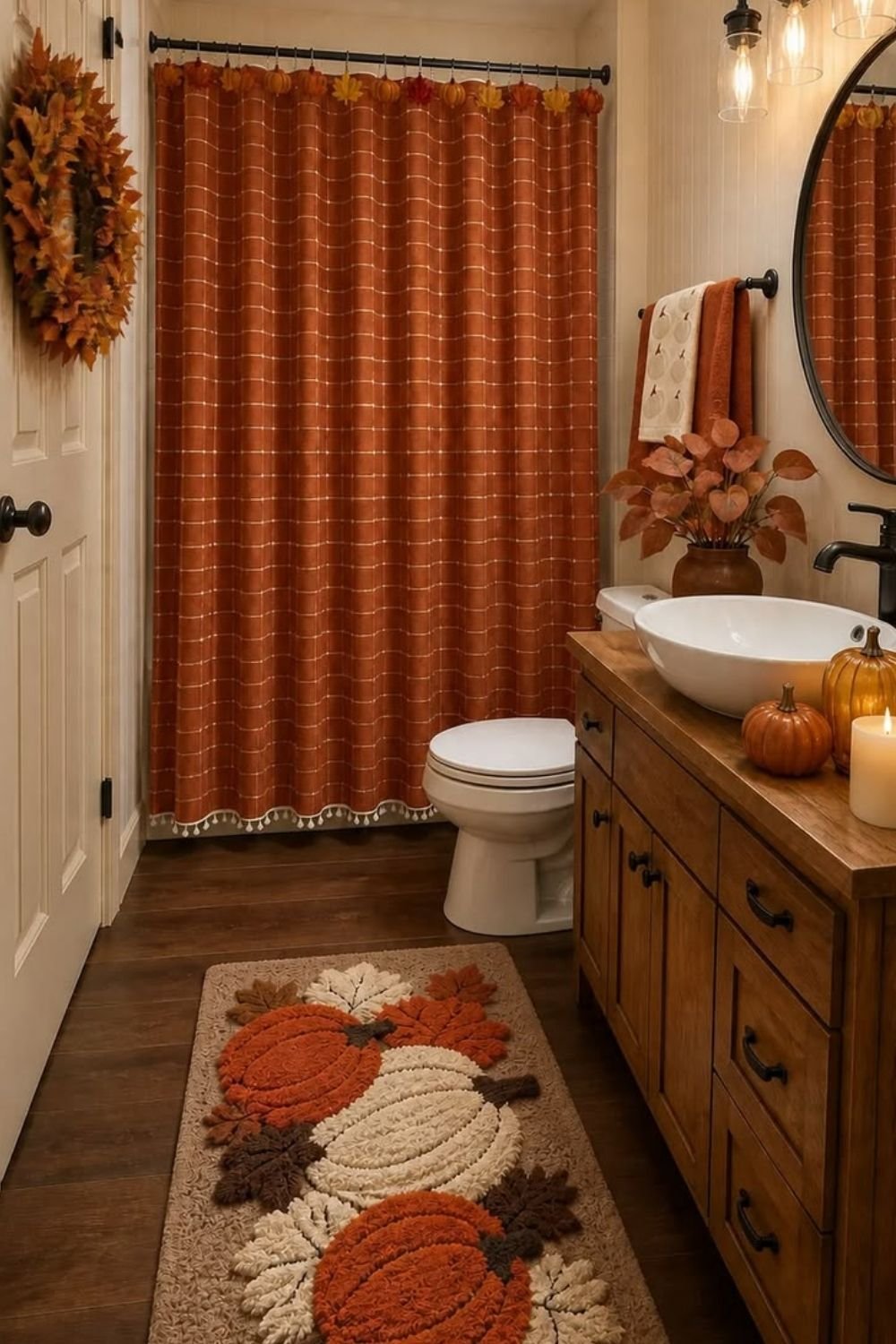 Bathroom with a rust plaid shower curtain, pumpkin rug, leaf wreath and pumpkins and candle on a wood vanity