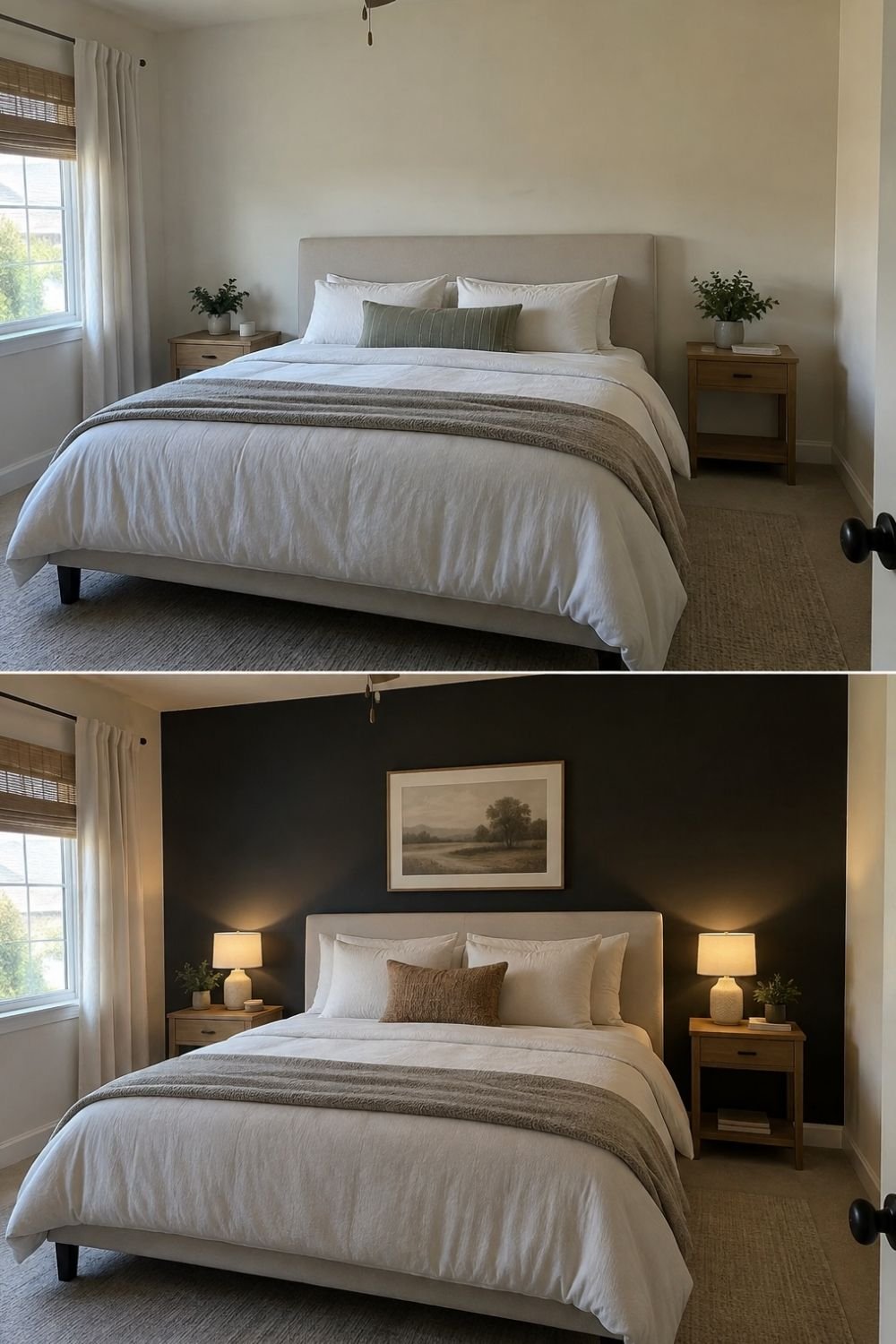 Before and after of a bedroom with a black accent wall behind the bed, a landscape print and two glowing table lamps