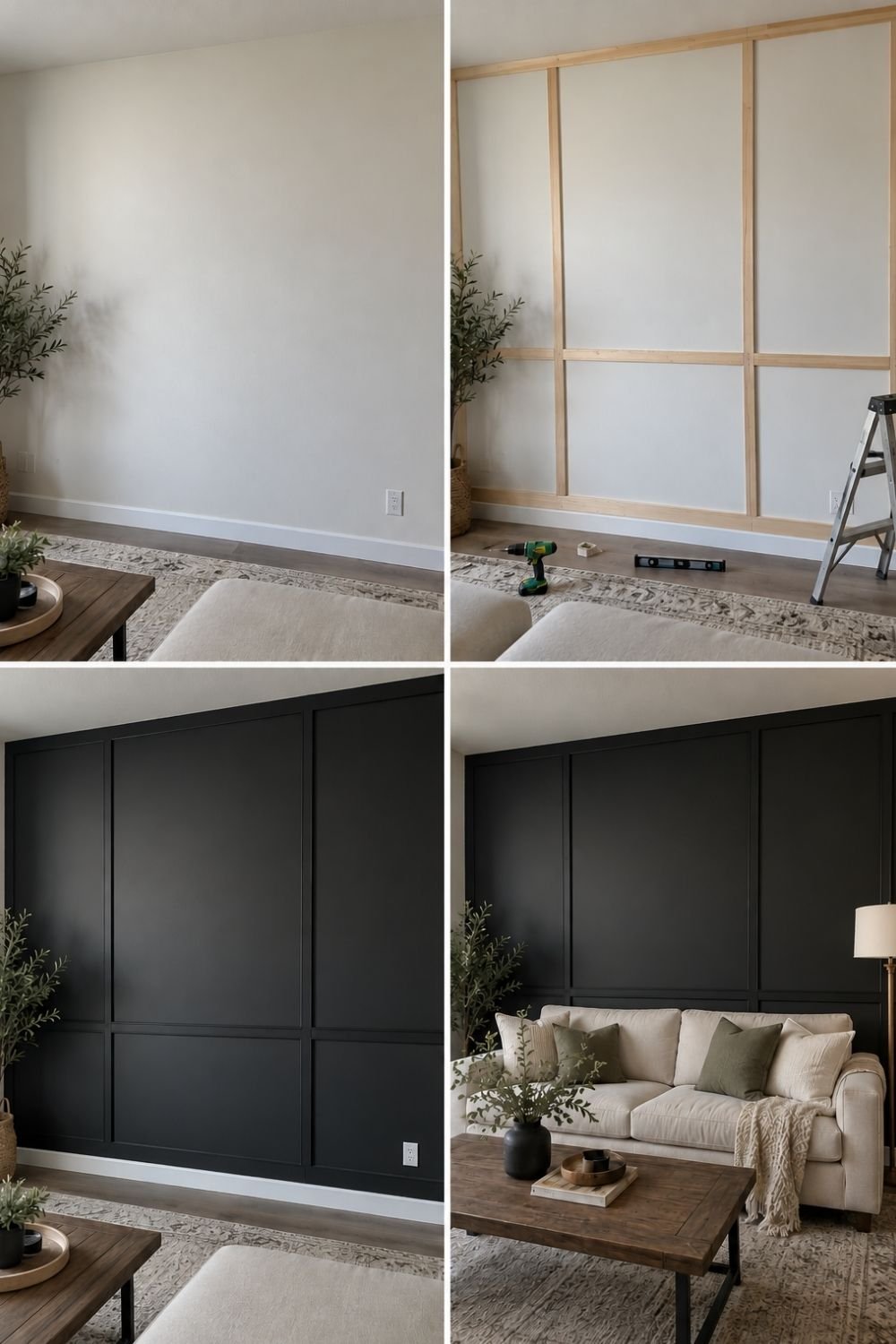 Four-step DIY board and batten black accent wall in a living room with a cream sofa and wood coffee table