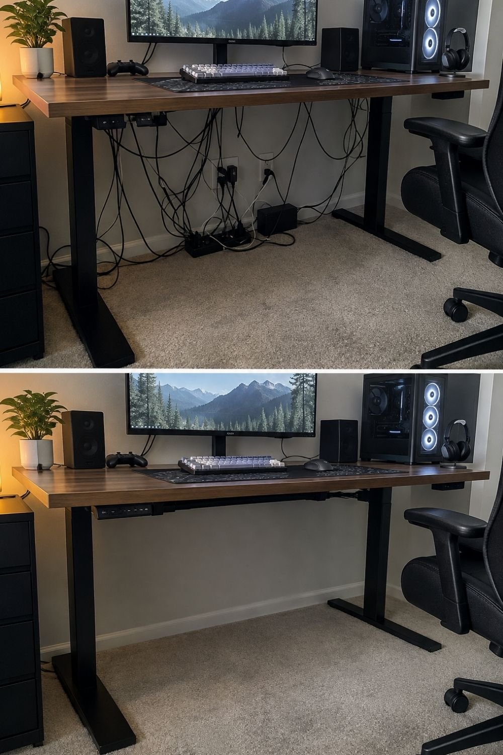 Before and after cable management under a walnut standing desk with a monitor, speakers and PC tower