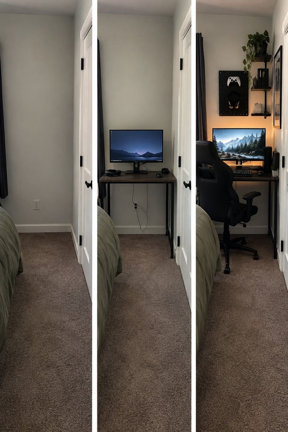 Three-step small bedroom gaming setup in a narrow corner with a slim desk, gaming chair, pegboard and shelves