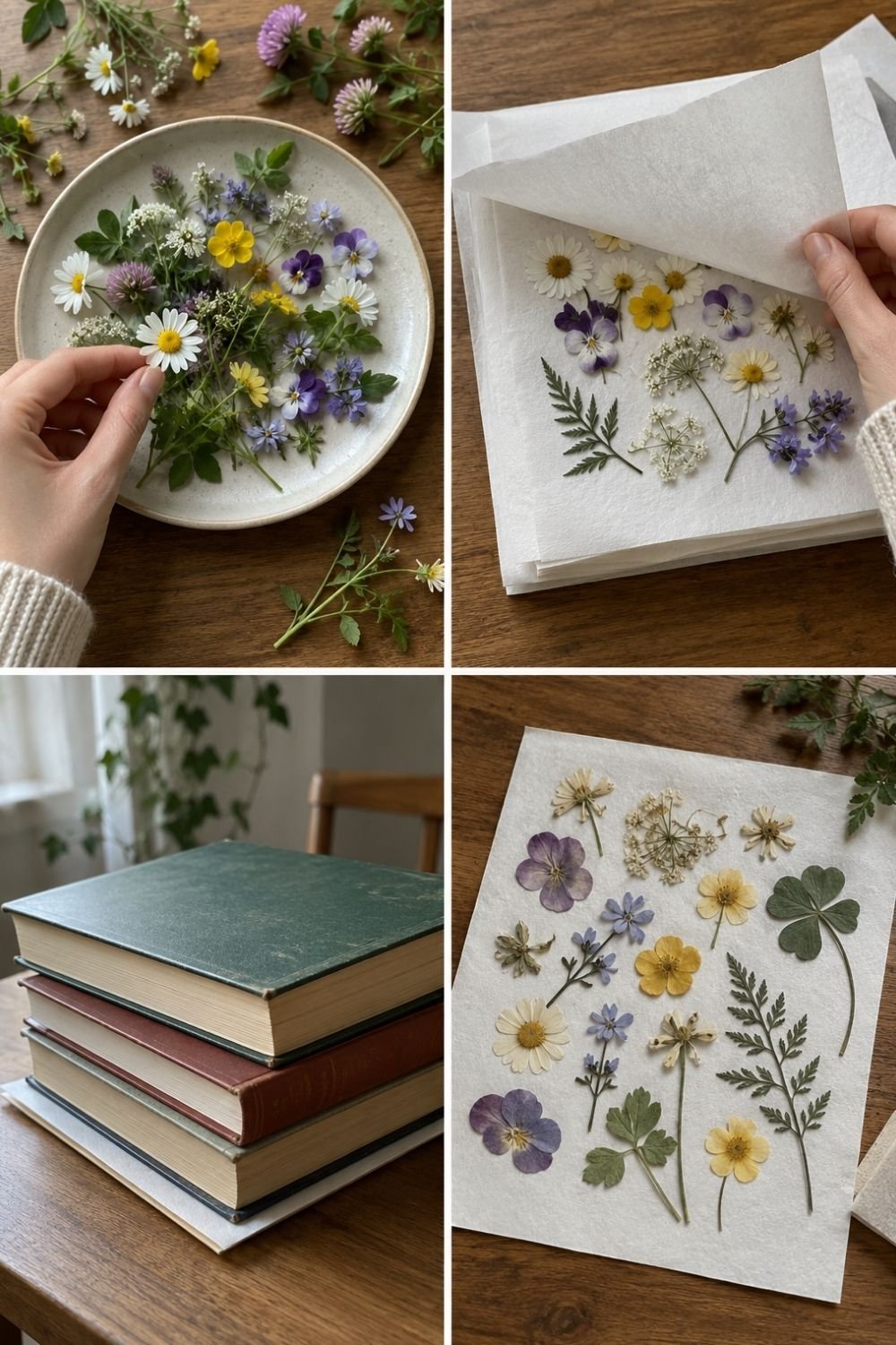 Four steps of pressing flowers with the book method, from freshly picked wildflowers to a finished sheet of pressed flowers