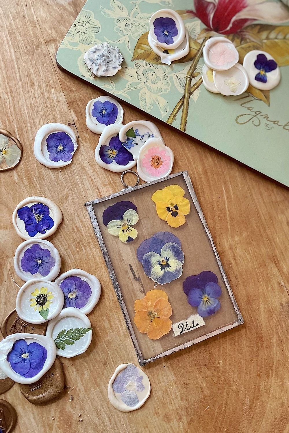 Pressed violas in a soldered glass frame with a handwritten label, surrounded by white wax seals with pressed flowers