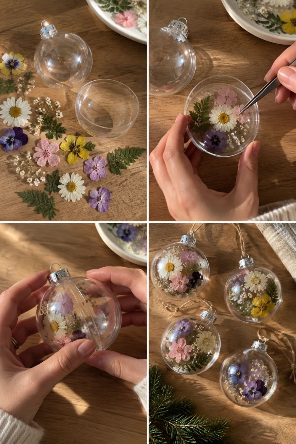 Four steps of filling clear ornaments with pressed daisies, violas, pink blossoms and ferns