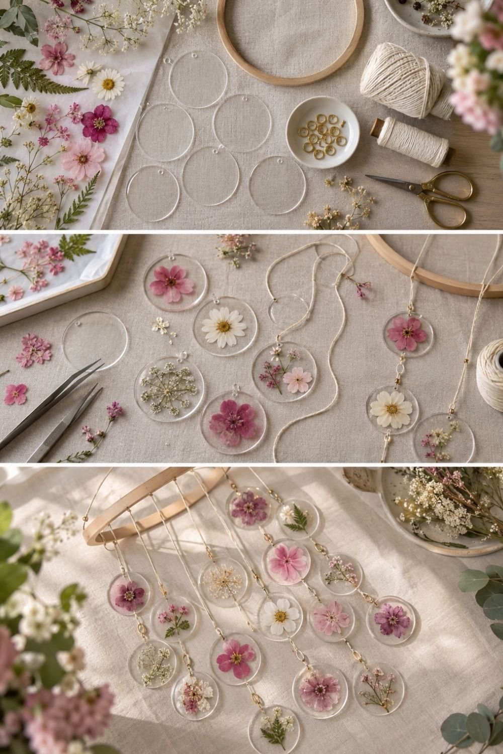 Making a pressed flower suncatcher mobile with acrylic discs, an embroidery hoop, twine and pink and white flowers