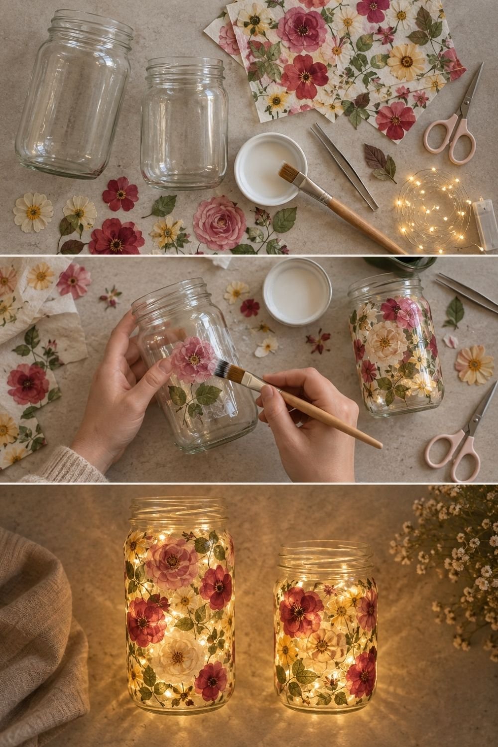 Glass jars decorated with pressed flowers and floral tissue paper, glowing with fairy lights inside