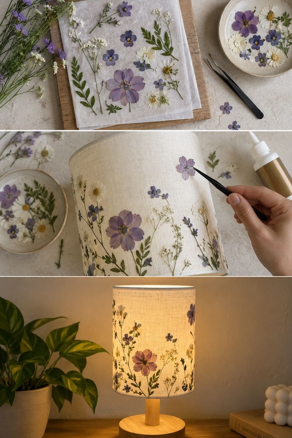 Making a pressed flower lampshade on a linen drum shade, finished lamp glowing next to a pothos plant
