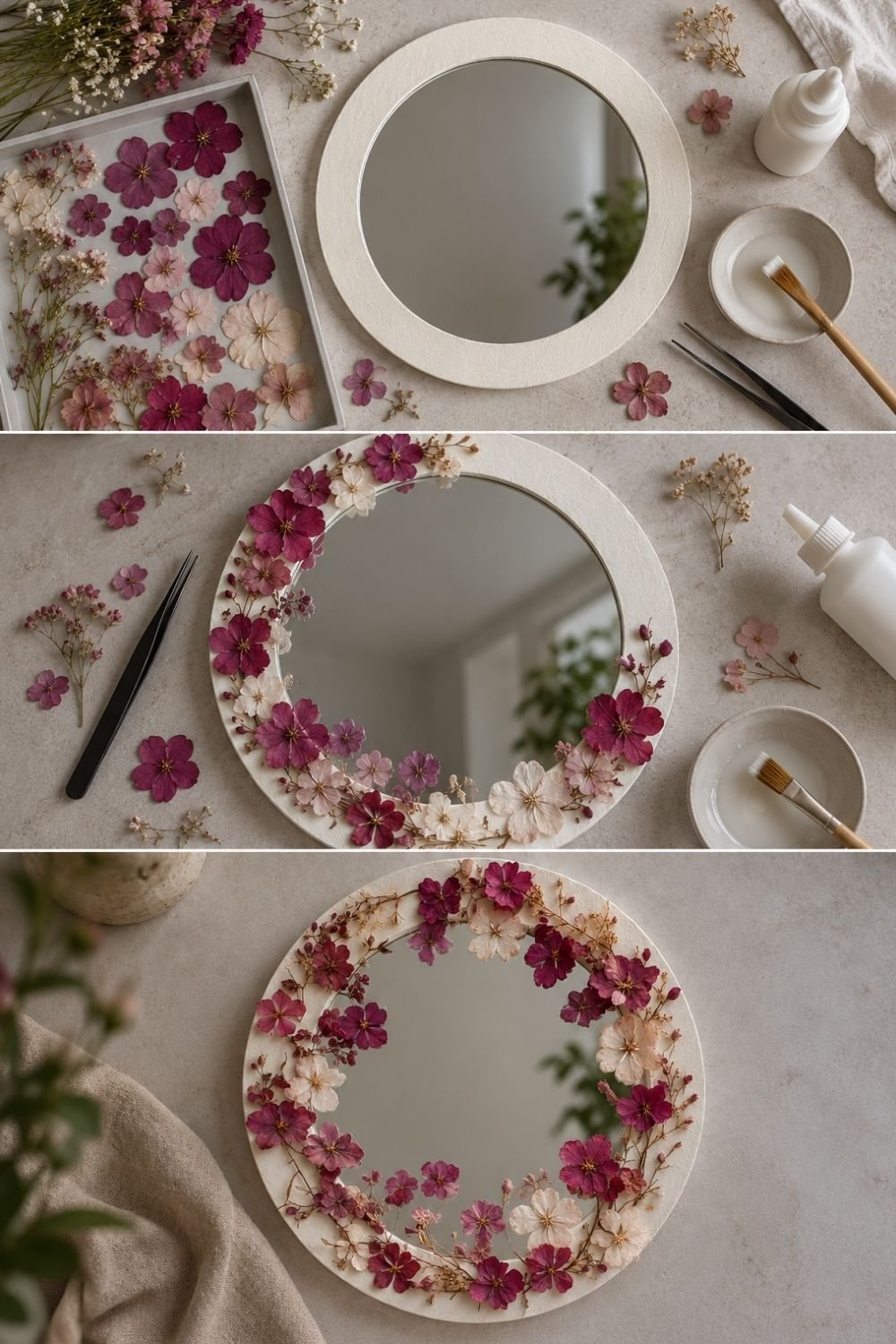 Round mirror with a wide cream frame decorated with a wreath of pressed magenta, pink and blush flowers