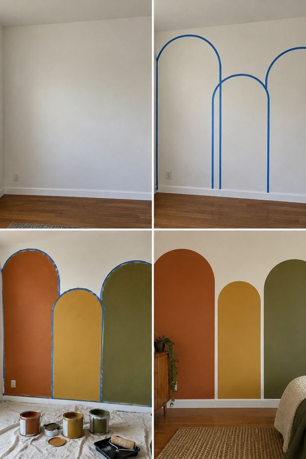 Four steps of painting stacked arches on a bedroom wall in rust, mustard and olive