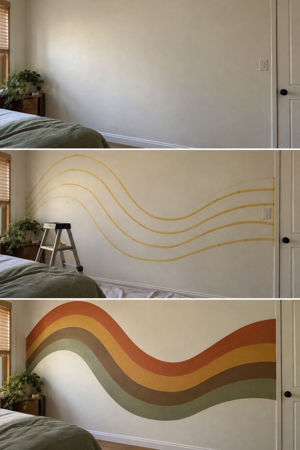Three steps of painting a wavy stripe wall in rust, mustard, brown and olive above a bed