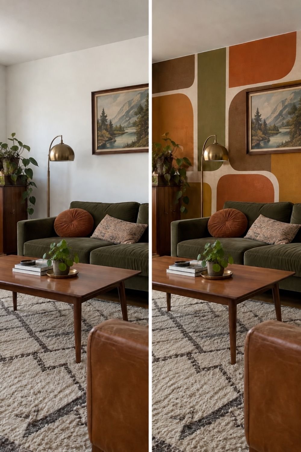 Before and after of a living room wall painted as a 70s color-block mural in orange, olive, brown and mustard