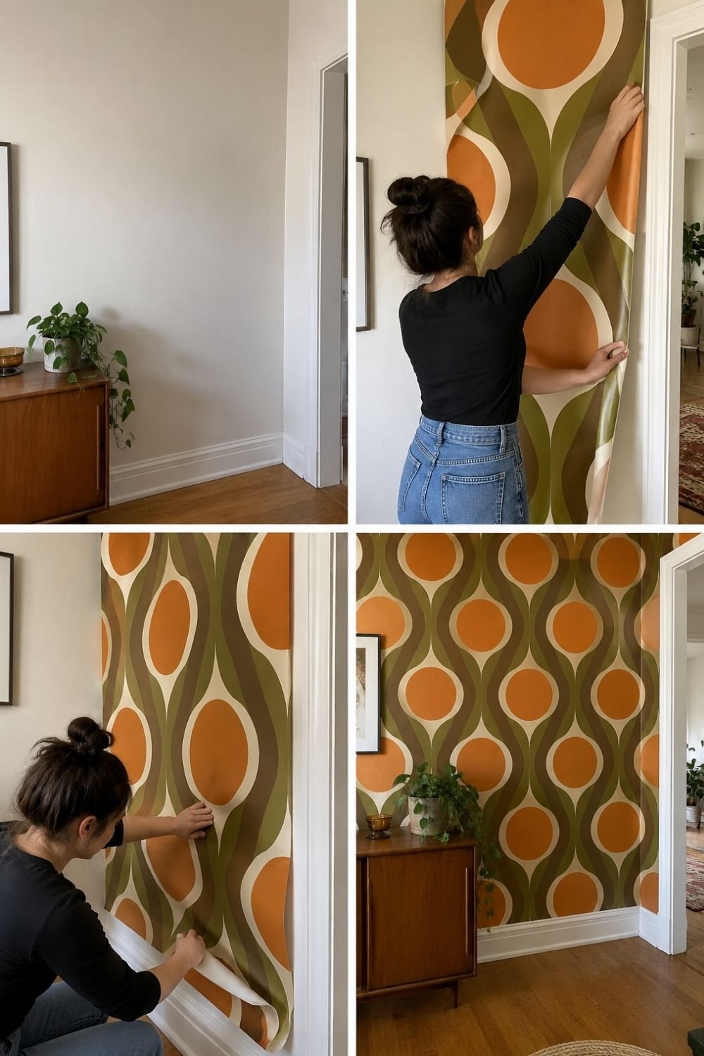 Four steps of applying peel-and-stick retro wallpaper with an orange, olive and brown pattern next to a teak sideboard