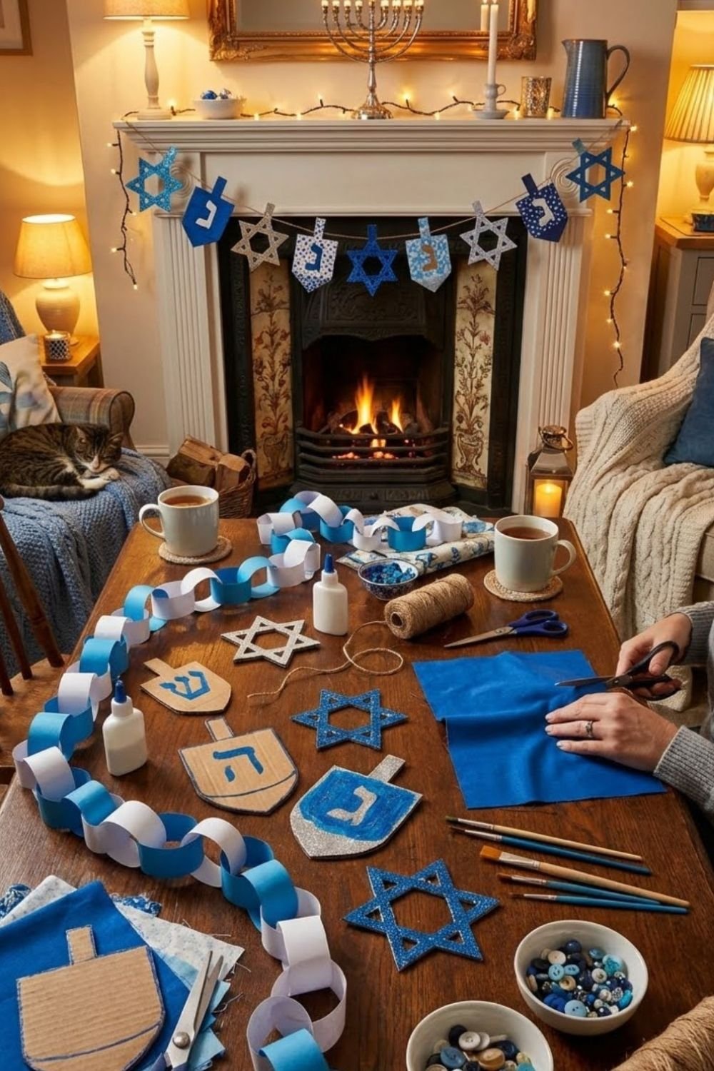 Coffee table covered in DIY Hanukkah decorations: paper chains, cardboard dreidels, felt stars and buttons, by a lit fireplace