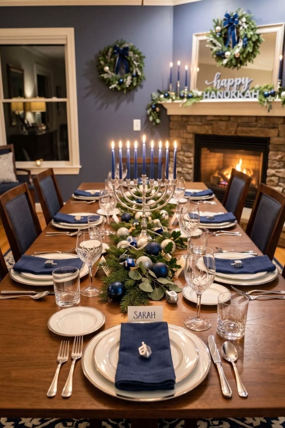 Hanukkah table setting with a silver menorah centerpiece, greenery runner, navy napkins and place cards