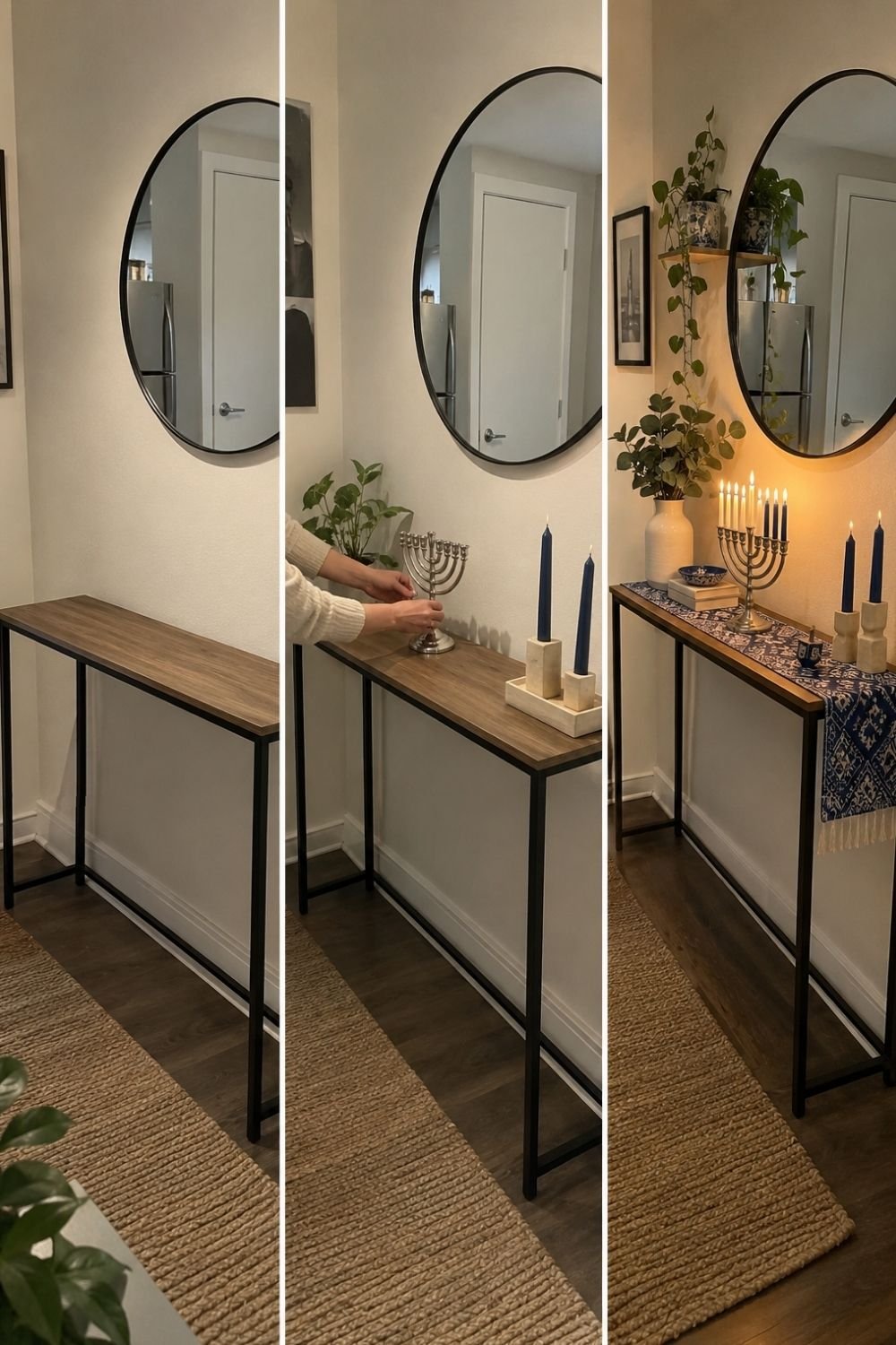 Three-step Hanukkah entryway console with a menorah, navy candles, patterned runner and eucalyptus under a round mirror