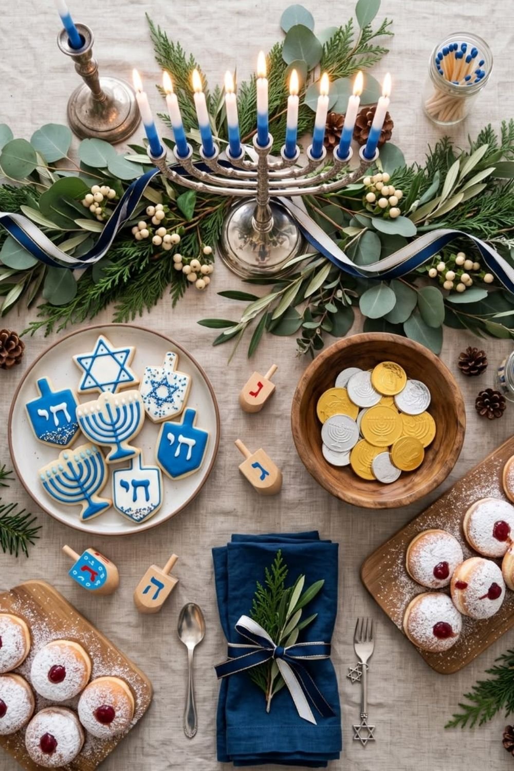Overhead Hanukkah table with a greenery runner, silver menorah, iced cookies, chocolate coins, dreidels and doughnuts