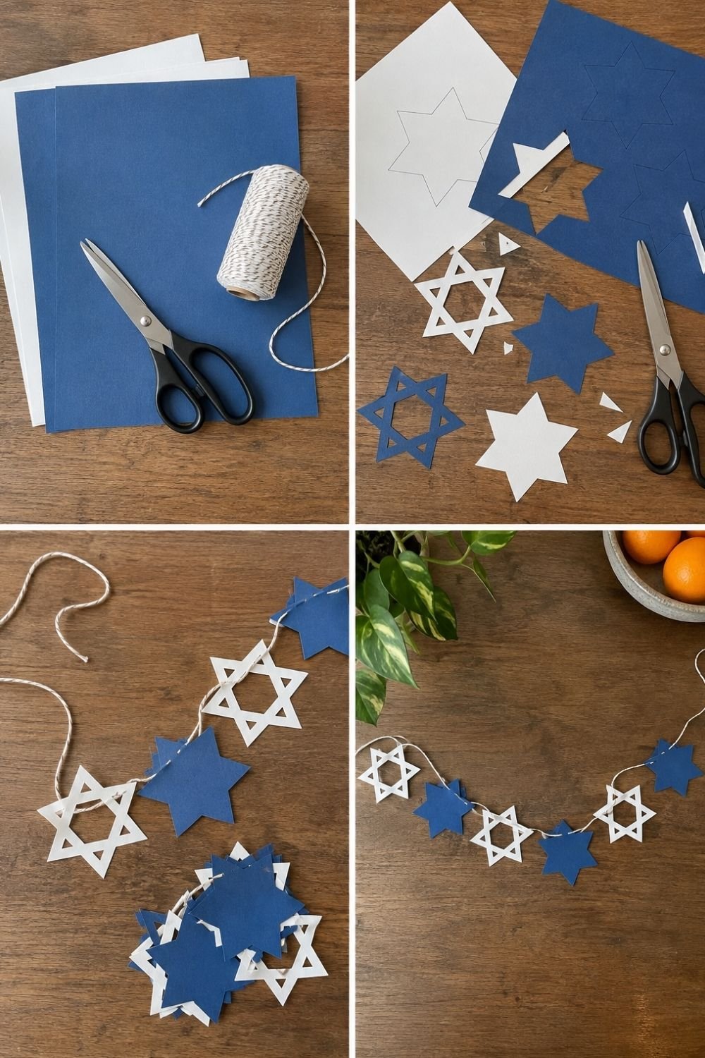 Four steps of making a navy and white paper Star of David garland with card, scissors and twine