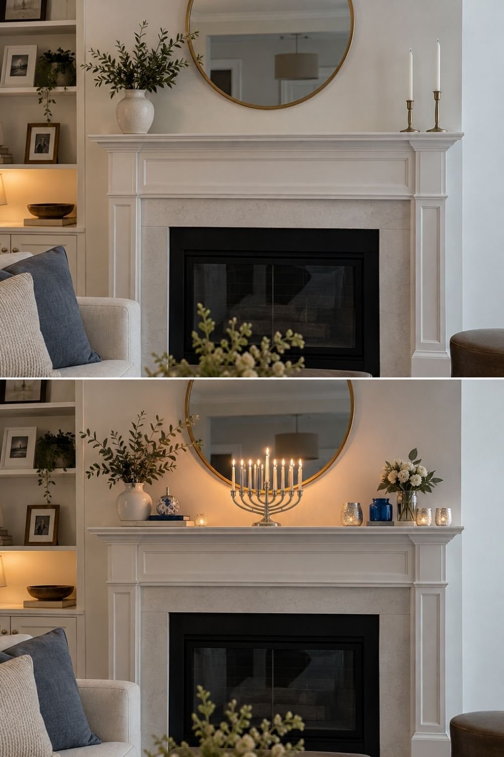 Before and after of a mantel styled for Hanukkah with a lit silver menorah, votives and blue and white ceramics