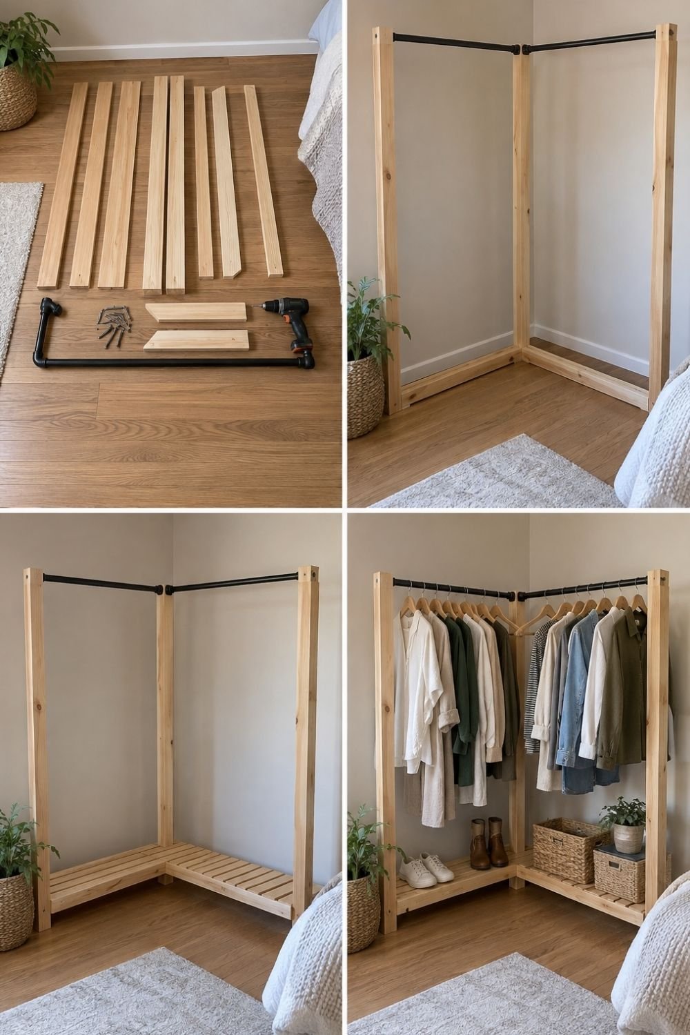 Four steps of building a DIY corner clothing rack from pine and black pipe, finished with clothes, shoes and baskets