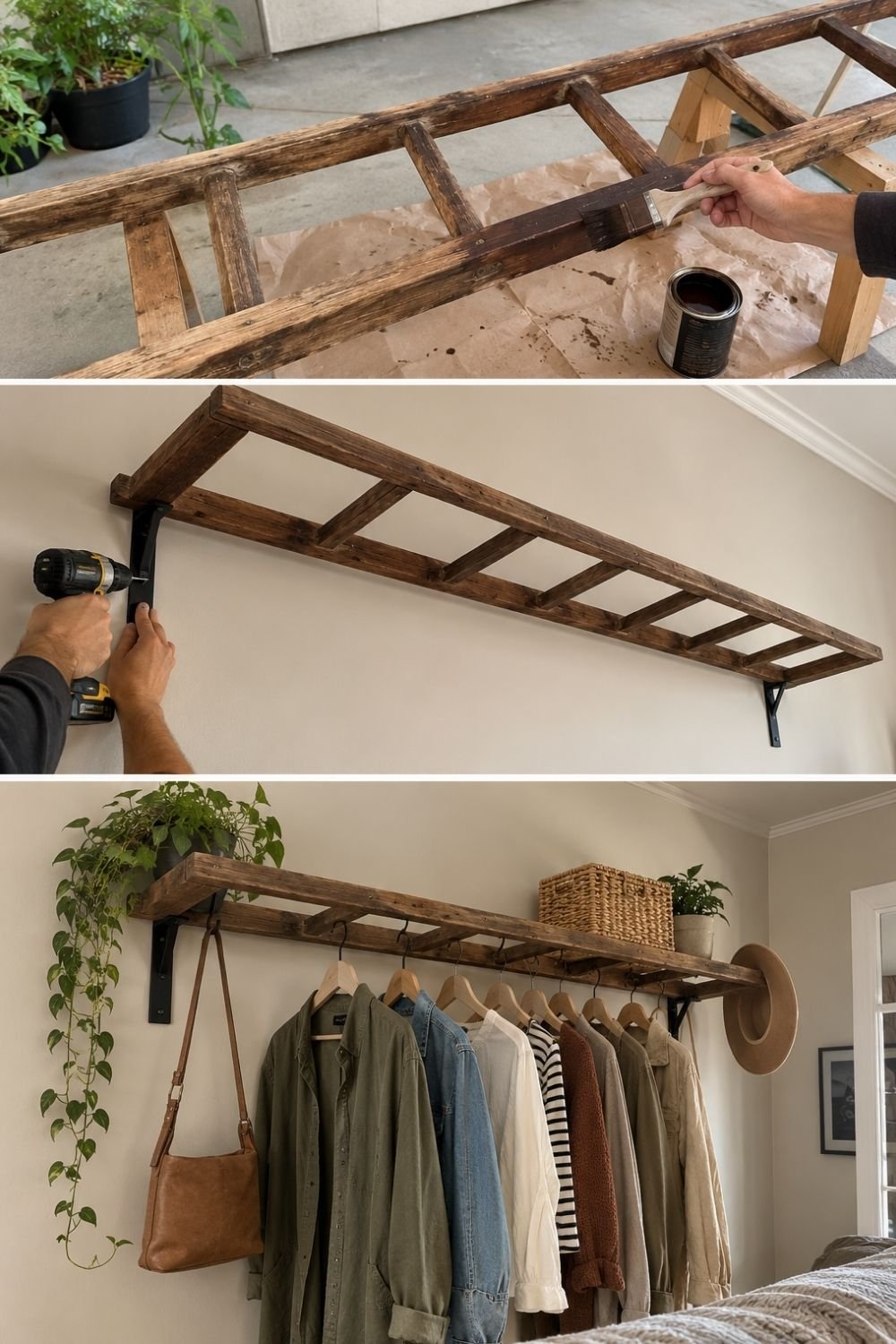 Old wooden ladder stained and mounted on a bedroom wall as a clothing rail with S-hooks, a bag and a hat