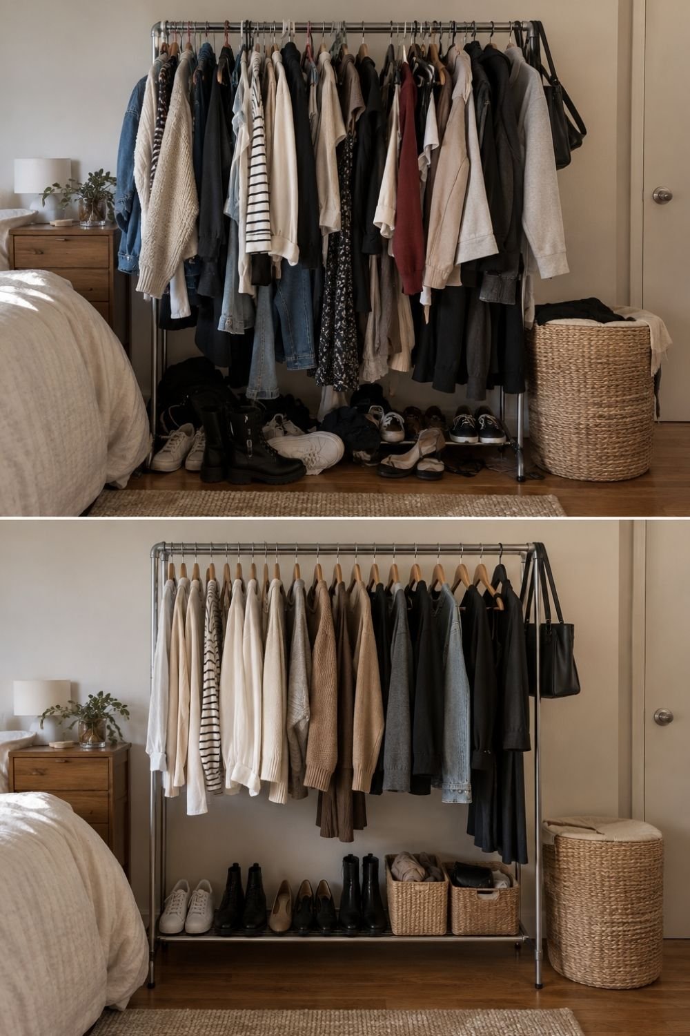 Before and after of an overloaded bedroom clothing rack, tidied with matching hangers and shoes on the lower shelf