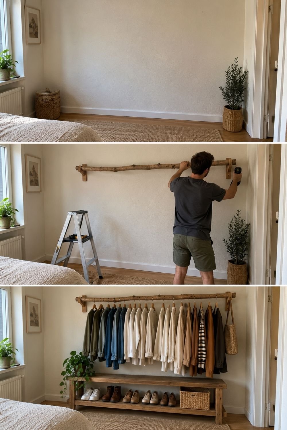 Three steps of mounting a birch branch clothing rail on a bedroom wall above a reclaimed wood bench