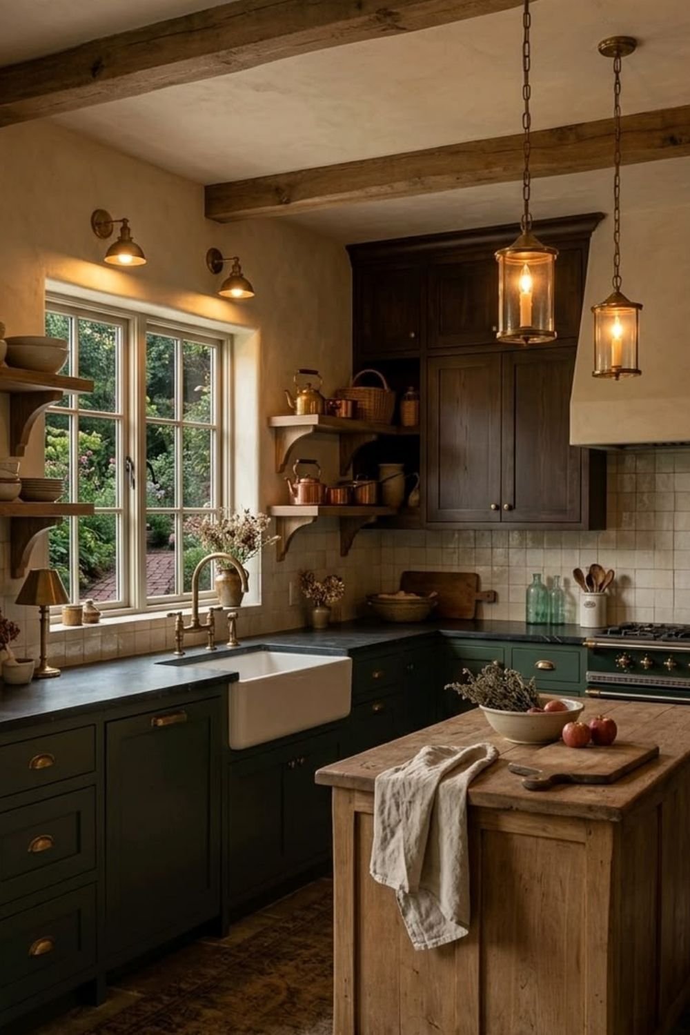 Dark cottagecore kitchen with deep green cabinets, brass lanterns, exposed beams and a rough wood island