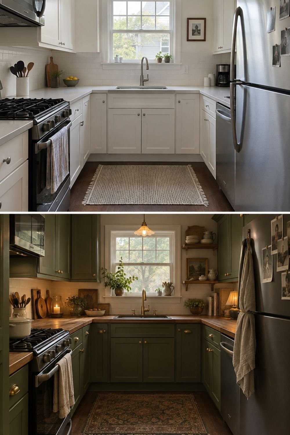 Before and after of a small kitchen repainted from white to olive green with butcher block counters and open shelves