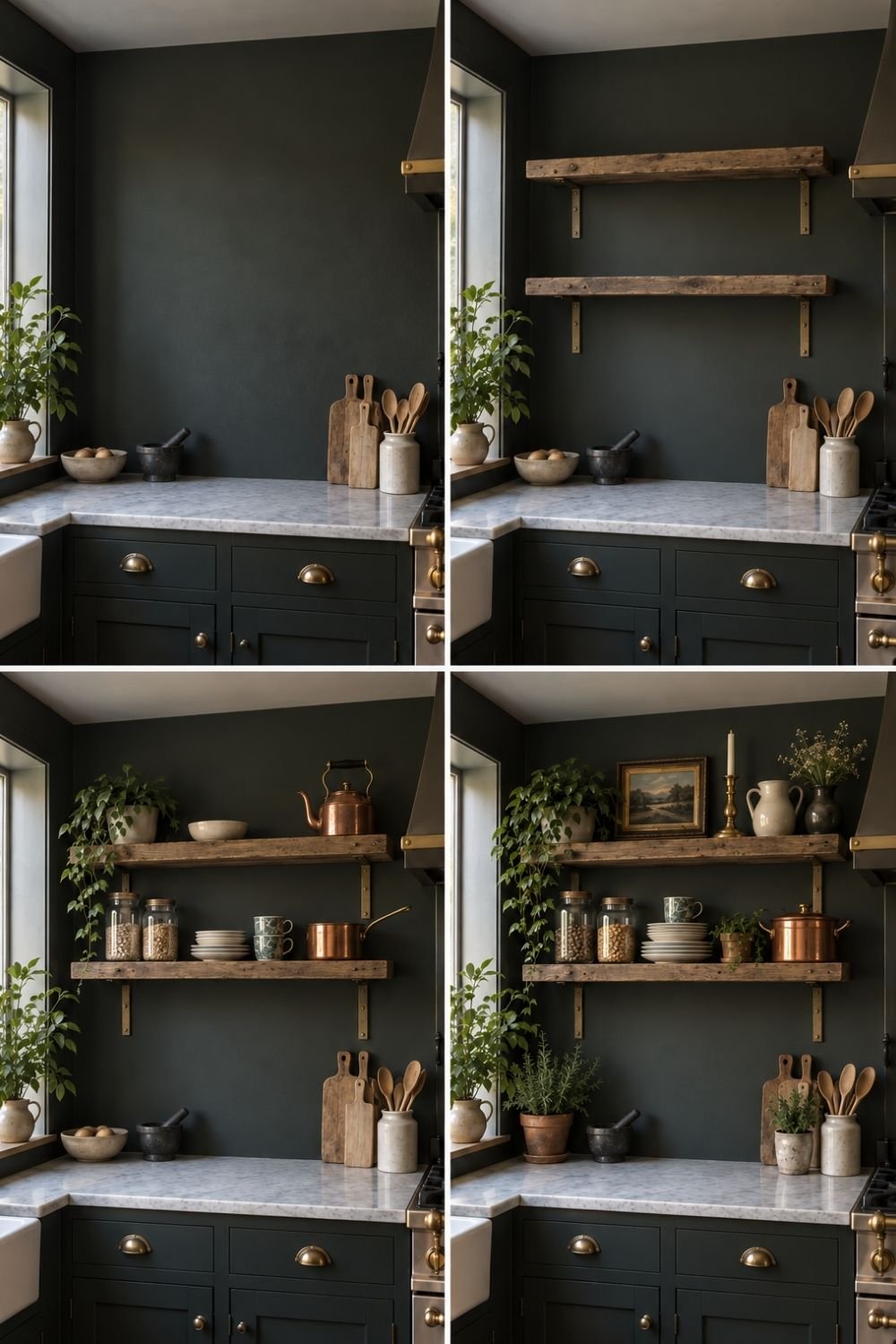 Four steps of adding reclaimed wood open shelves to a dark green kitchen wall and styling them with jars and copper