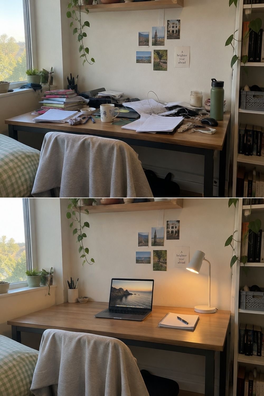 Before and after of a cluttered student desk tidied to a laptop, notepad and white lamp