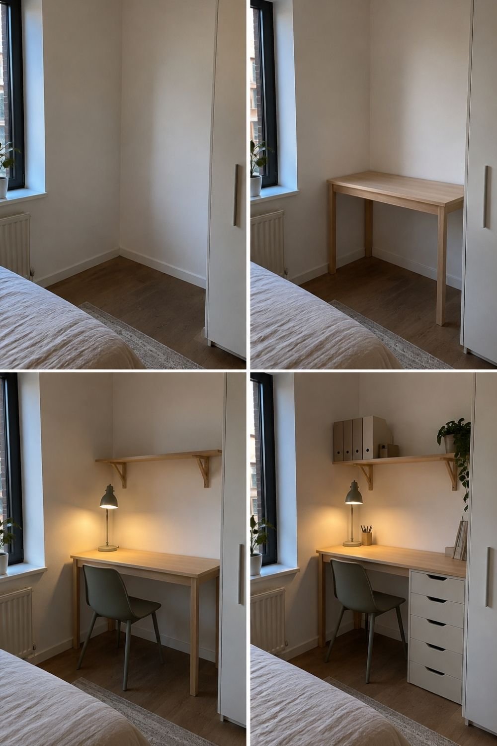 Four steps of building a minimalist desk corner in a bedroom alcove with a shelf, lamp and drawer unit