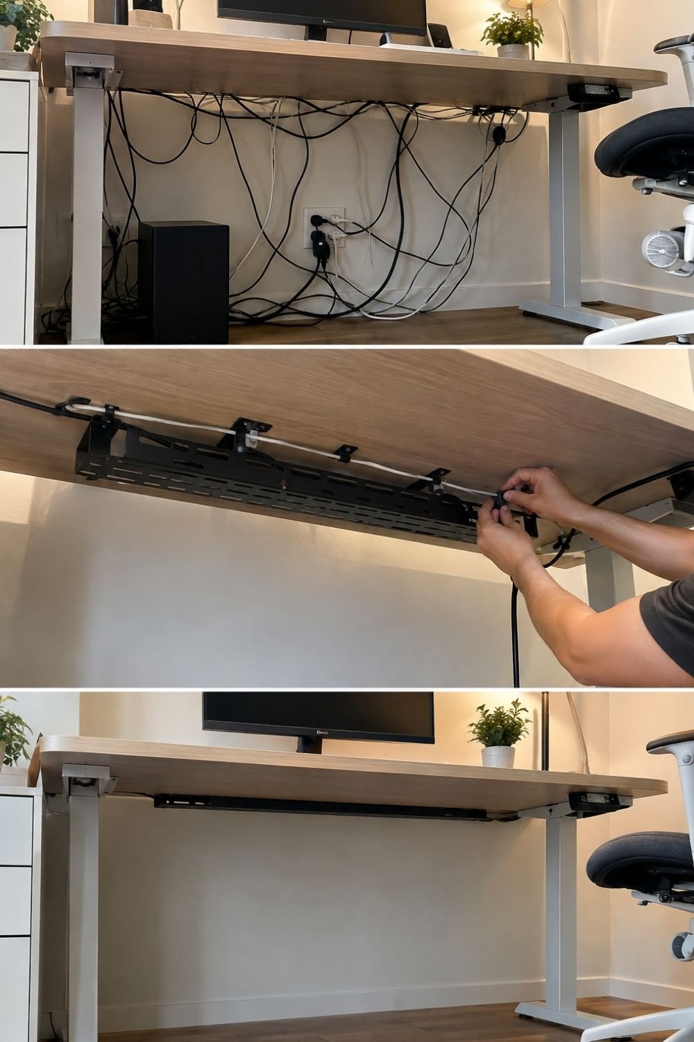 Before and after of desk cable management with a metal cable tray fixed under the desktop