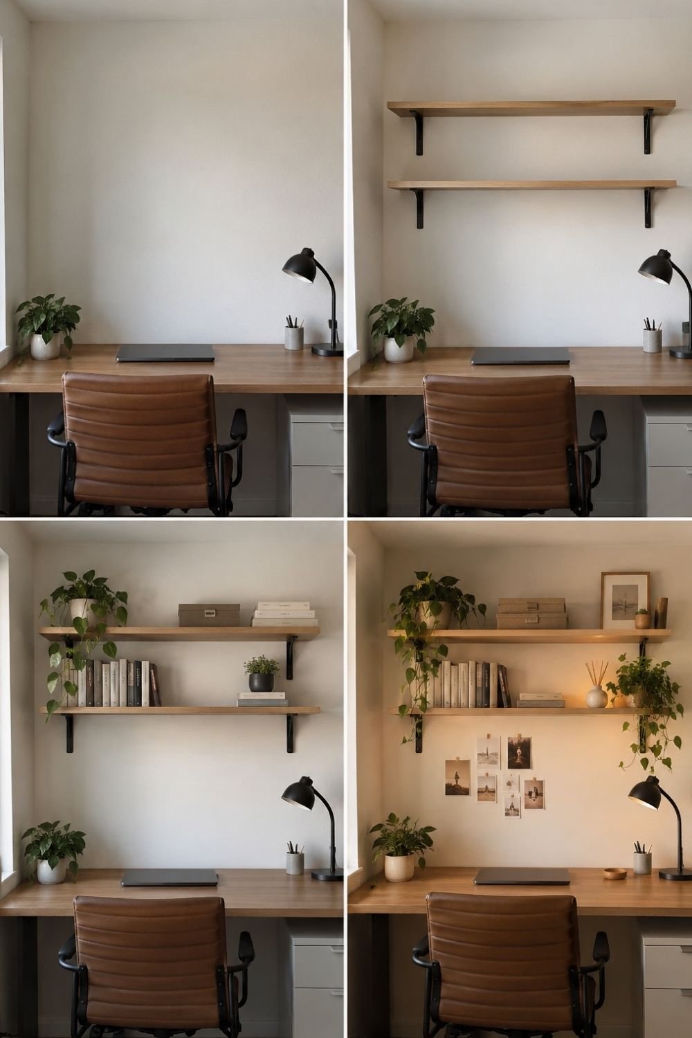 Four steps of adding two wood shelves above a desk and styling them with books, a plant and photos