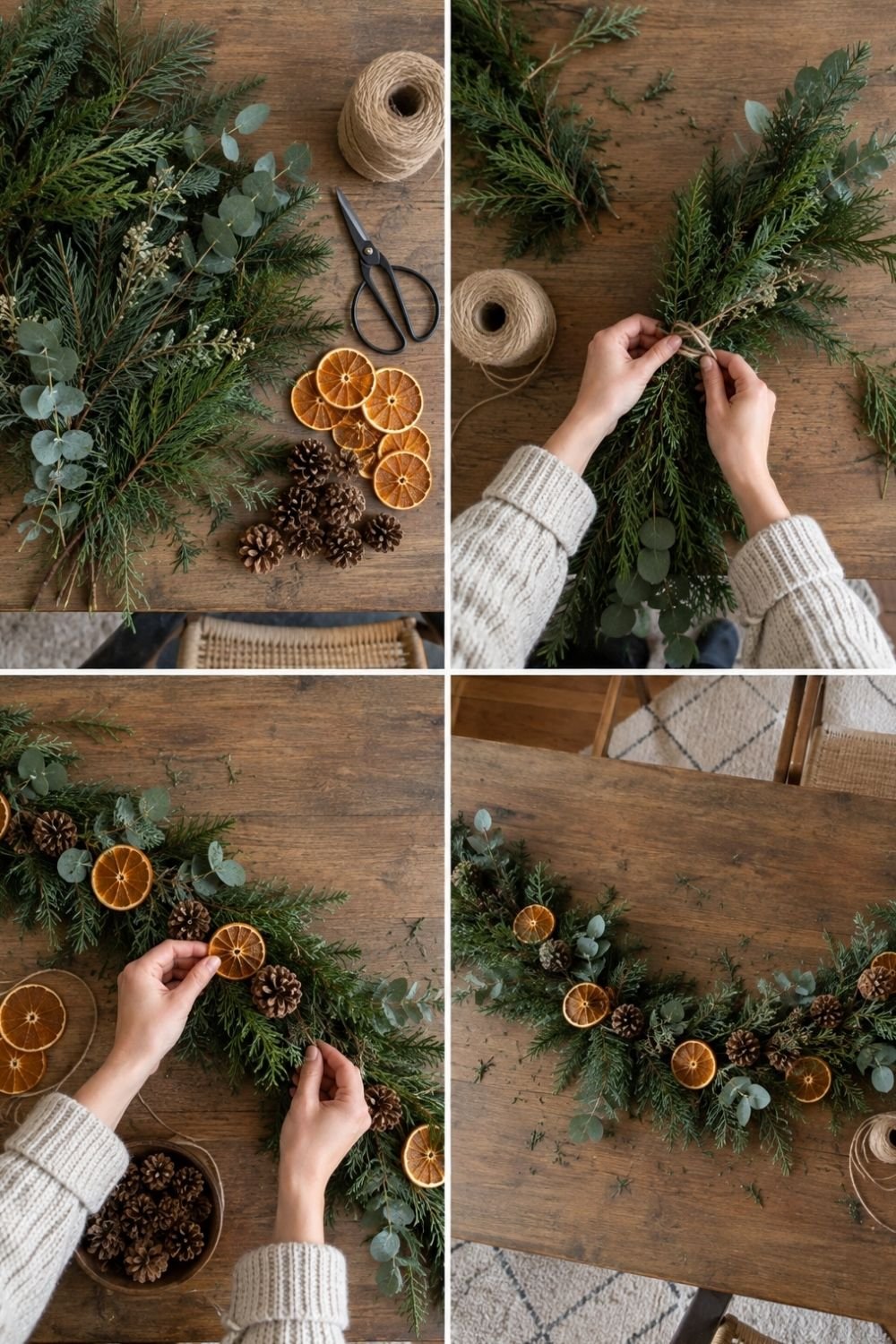 Four steps of making a Christmas garland from fir, cedar, eucalyptus, dried orange slices and pinecones