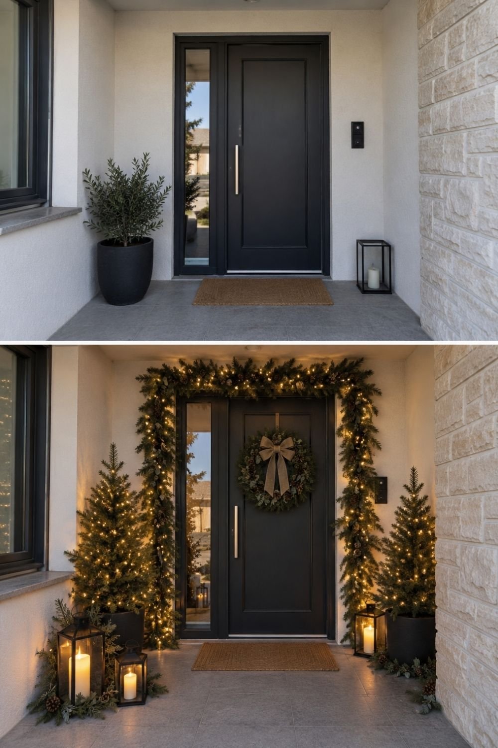 Before and after of a black front door framed with a lit garland, wreath, small fir trees and lanterns
