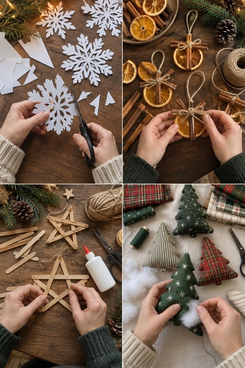 Four DIY Christmas ornaments in progress: paper snowflakes, dried orange slices, a lolly stick star and fabric trees
