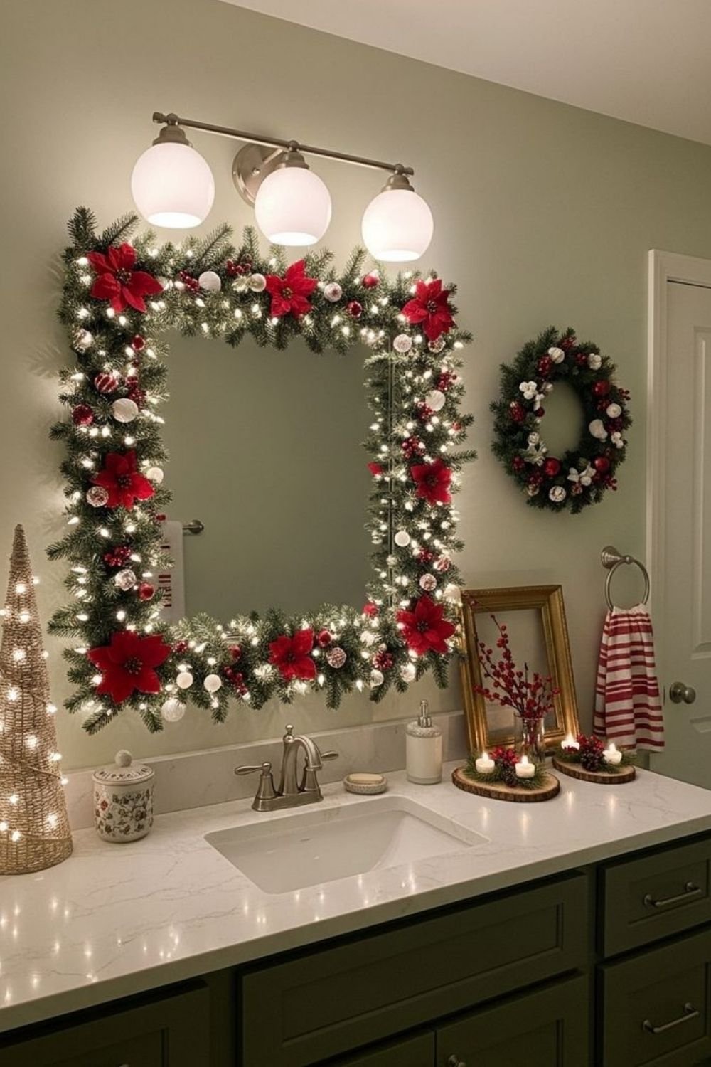Bathroom mirror framed with a lit garland with poinsettias and baubles, and a small wreath on the wall