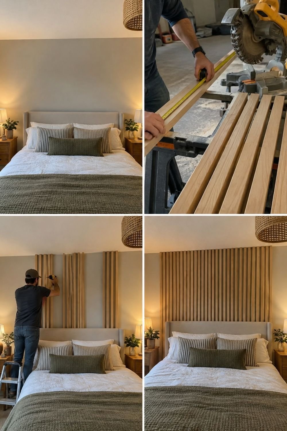Four steps of building a vertical oak slat headboard wall above an upholstered bed