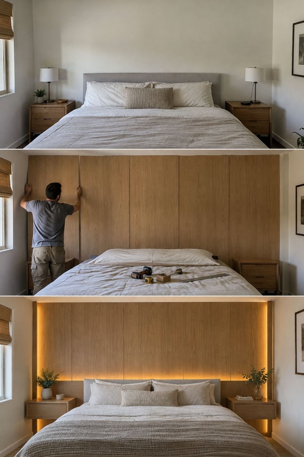 Three steps of fitting a full-width oak panel bed head wall with floating nightstands and hidden LED lighting