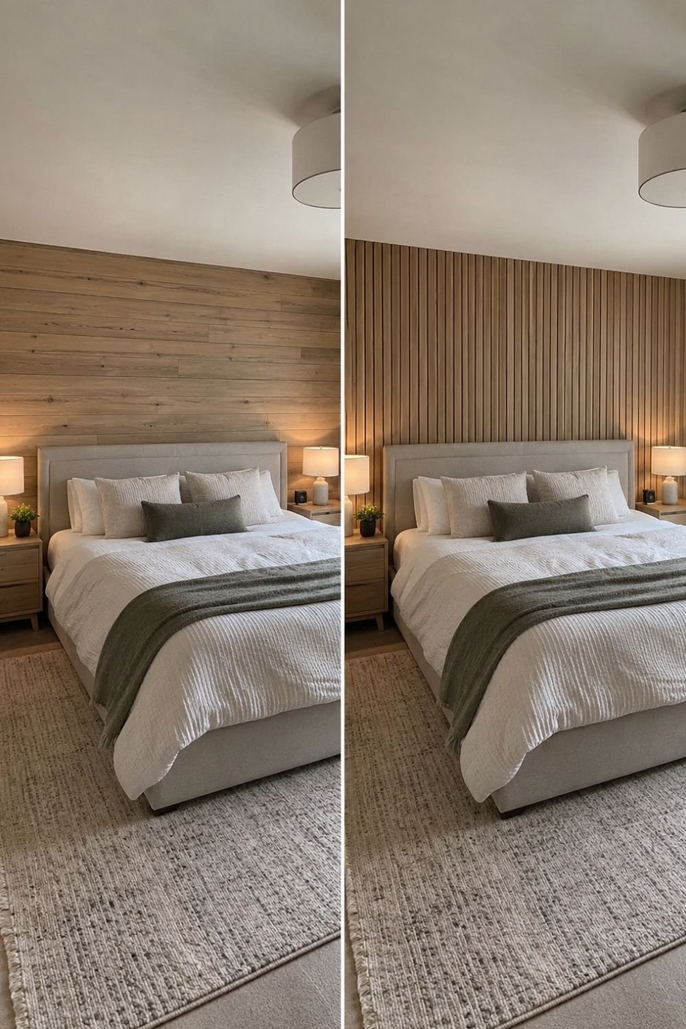 Two versions of the same bedroom wall: horizontal reclaimed planks and vertical wood slats behind the bed