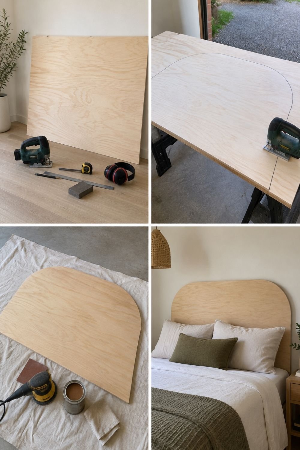 Four steps of making a plywood arch headboard with a jigsaw, sander and oil
