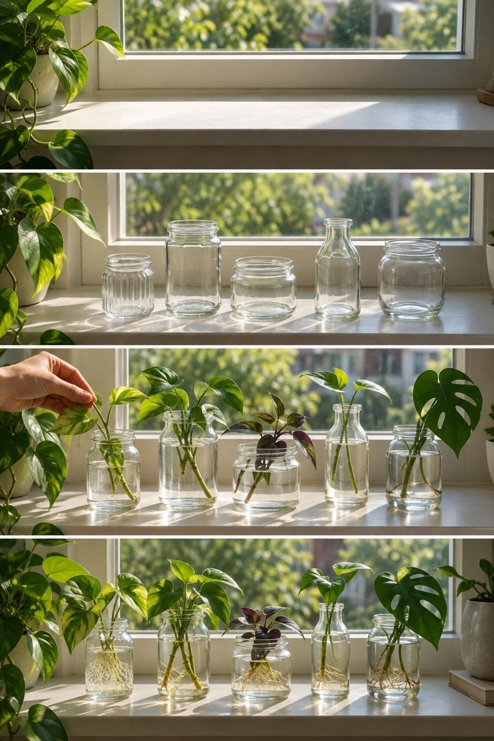 Four steps of setting up a windowsill propagation station with glass jars, cuttings and visible roots