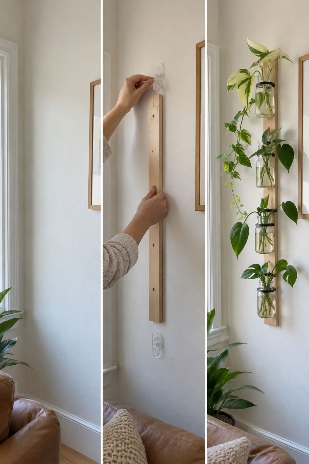 Three steps of fixing a vertical pine batten with adhesive hooks and clipping on jars of cuttings