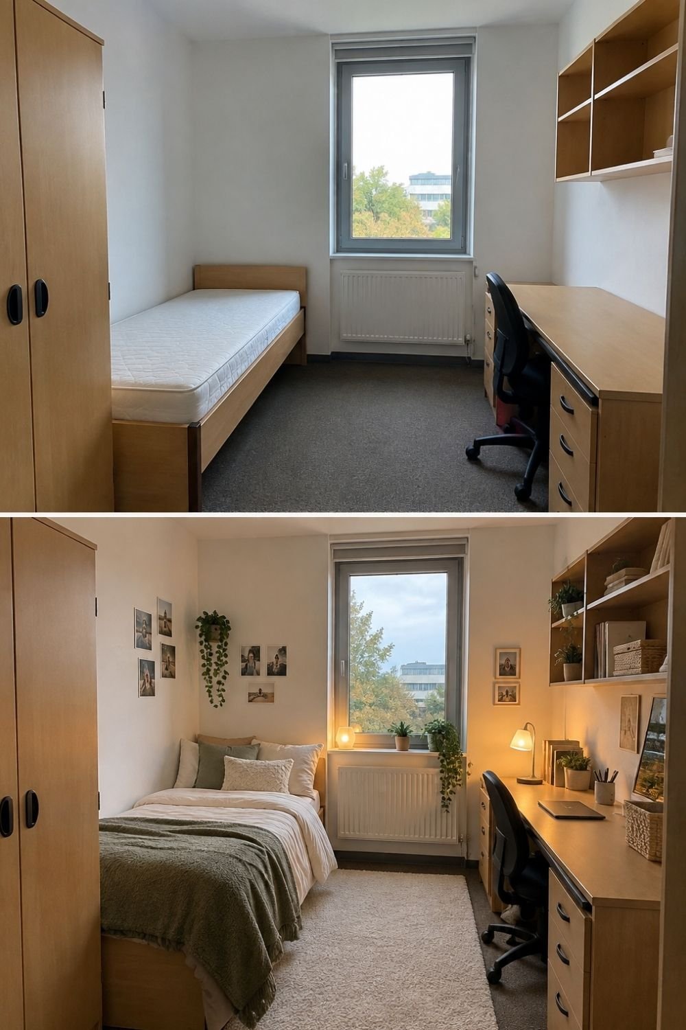 Before and after of a bare uni hall room styled with sage bedding, a rug, photos on the wall and warm lamps