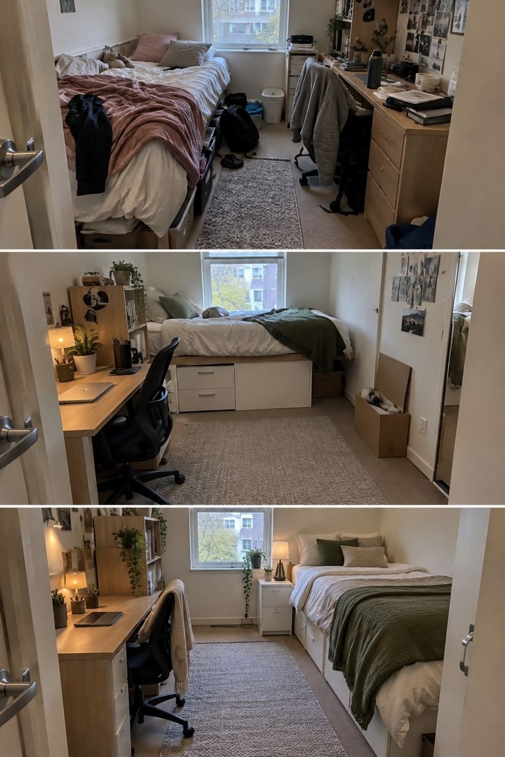 Three steps of tidying a student room: messy, cleared with storage under the bed, then finished with bedding and plants