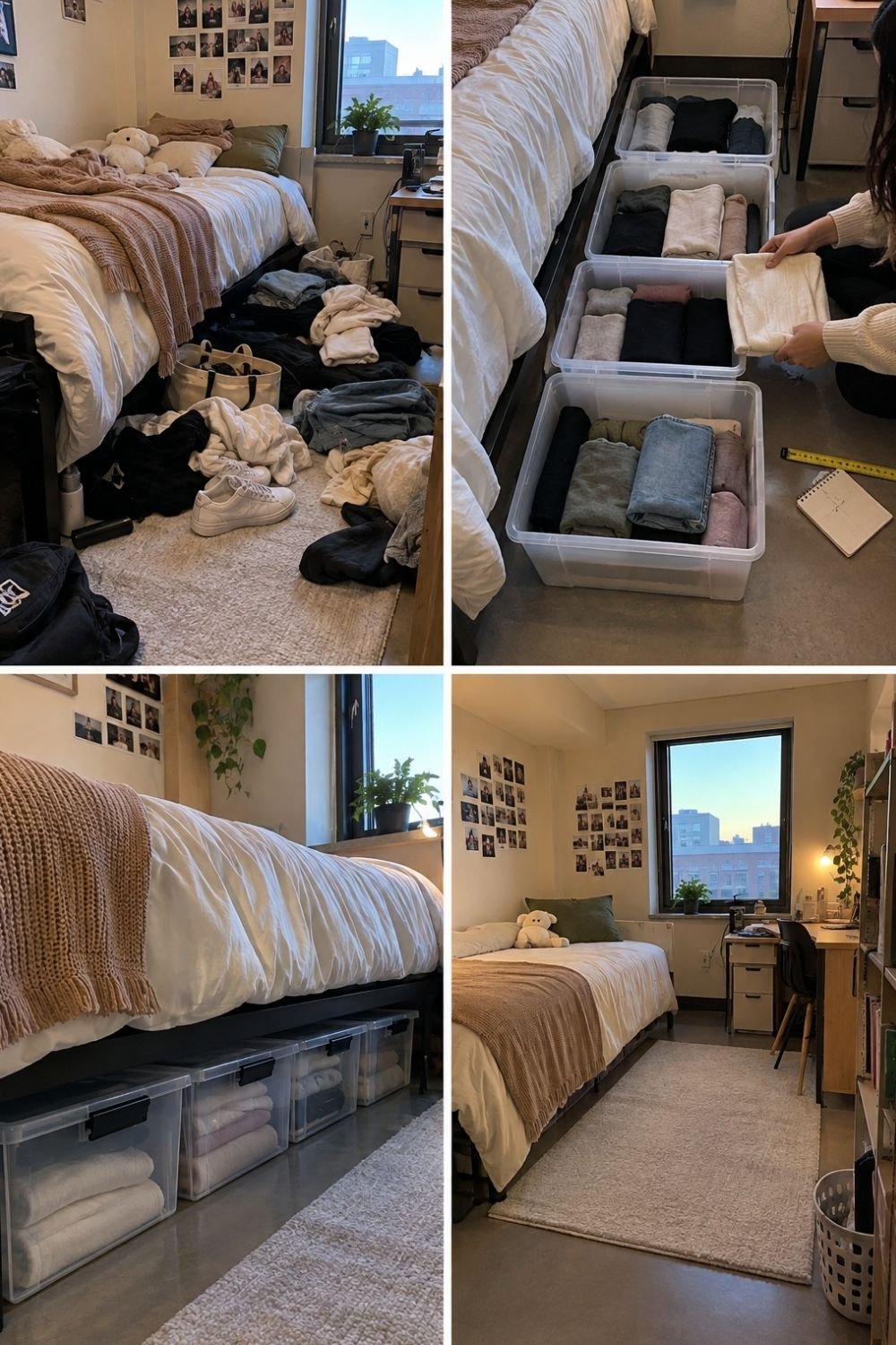 Four steps of packing clothes into clear boxes and sliding them under a dorm bed