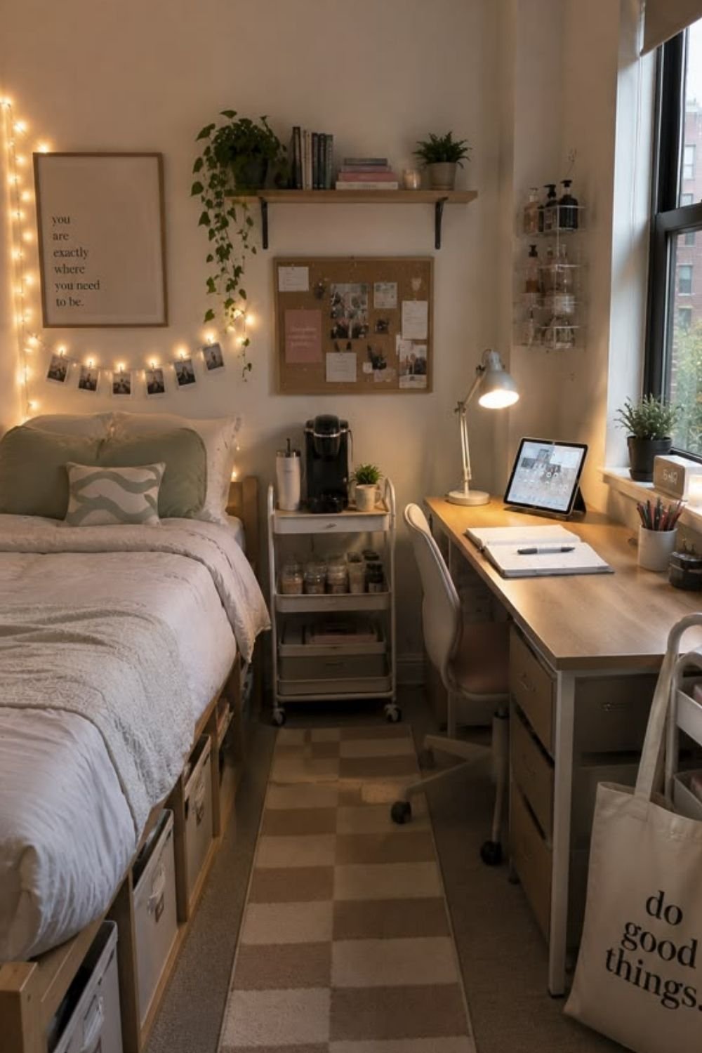 Dorm room wall with a wood shelf, cork board, photo garland, fairy lights and a rolling cart