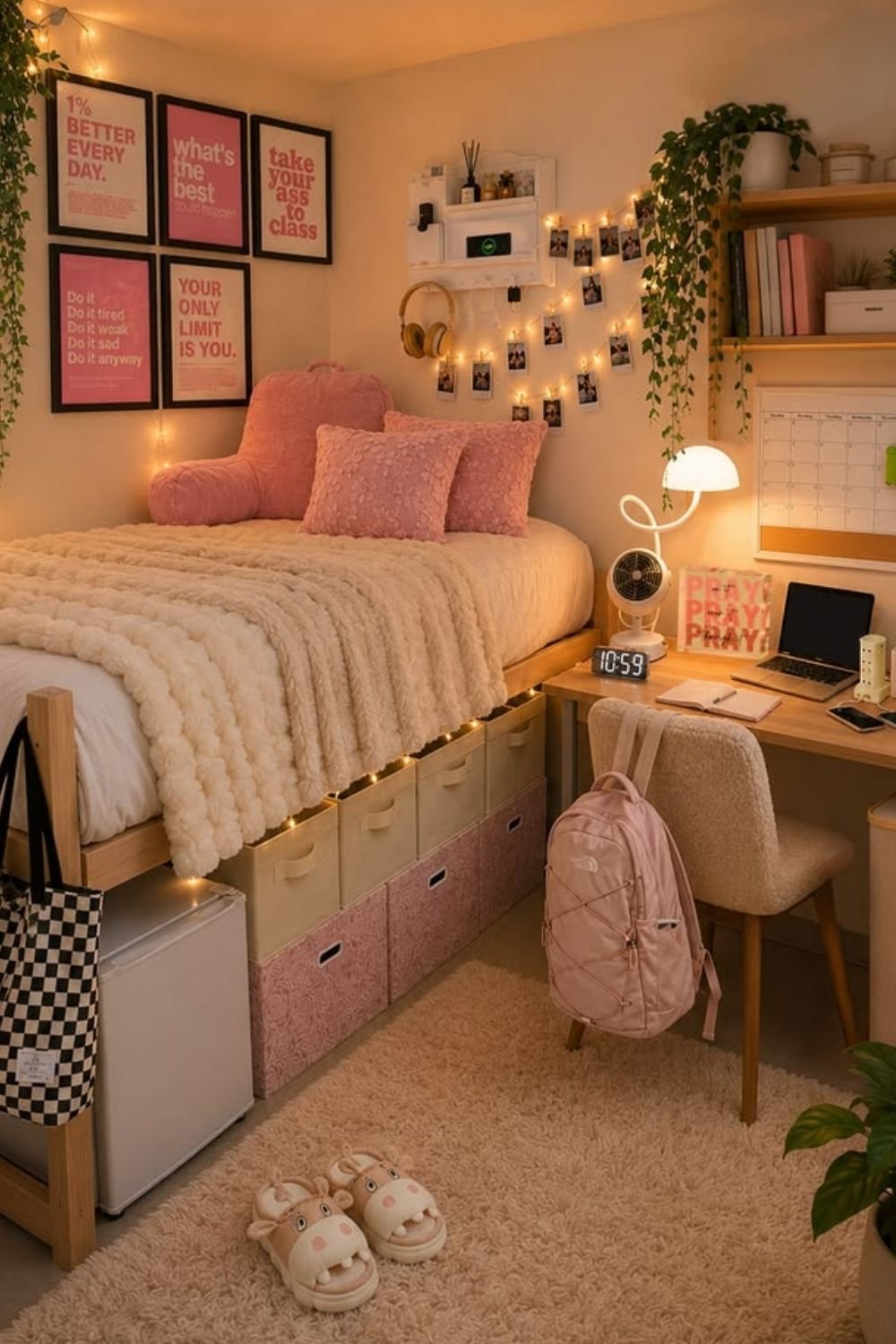 Uni room lit by fairy lights, a desk lamp and small lights, with framed prints and photo clips on the wall