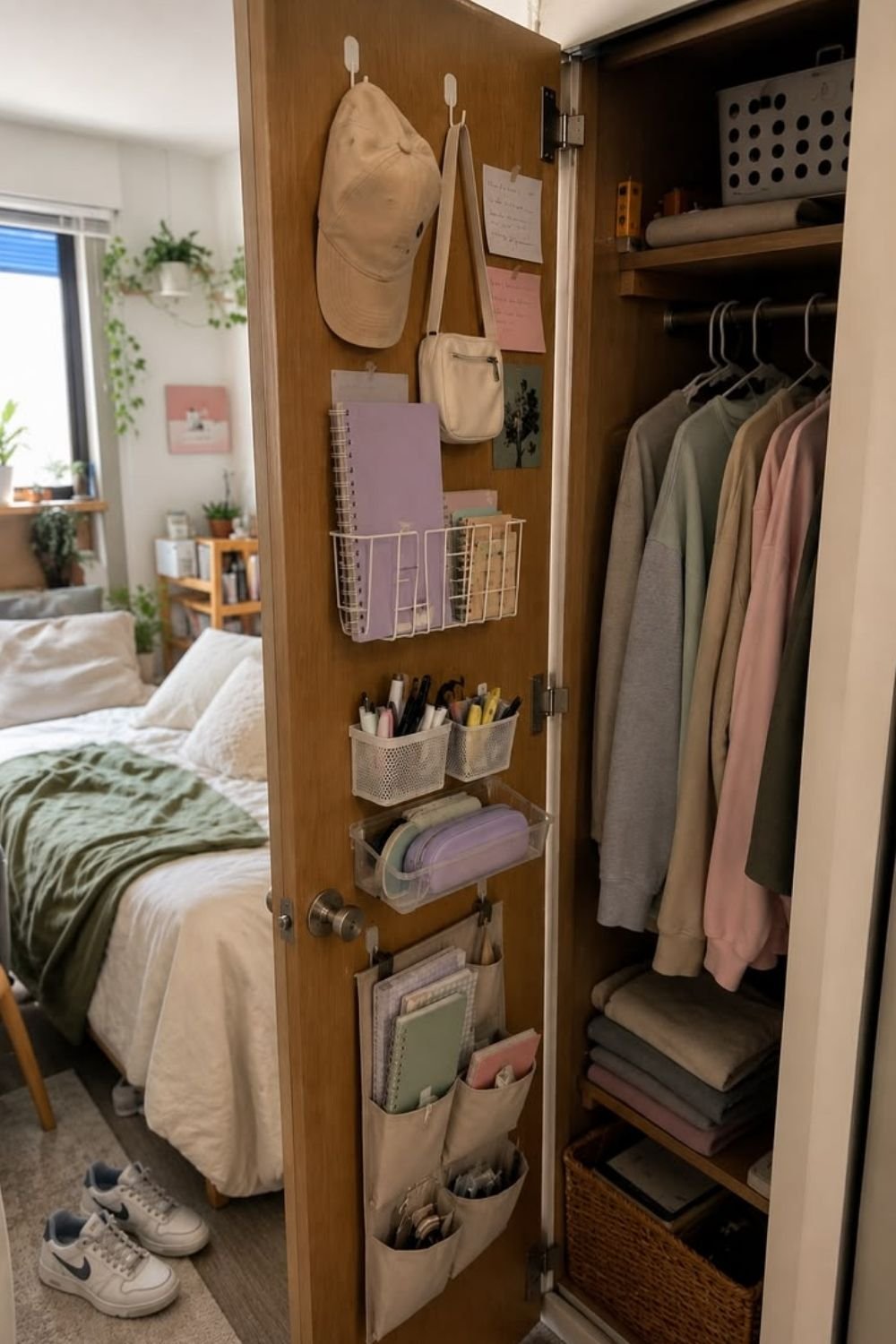 Inside of a wardrobe door used for storage with hooks, wire racks, baskets and a hanging pocket organizer