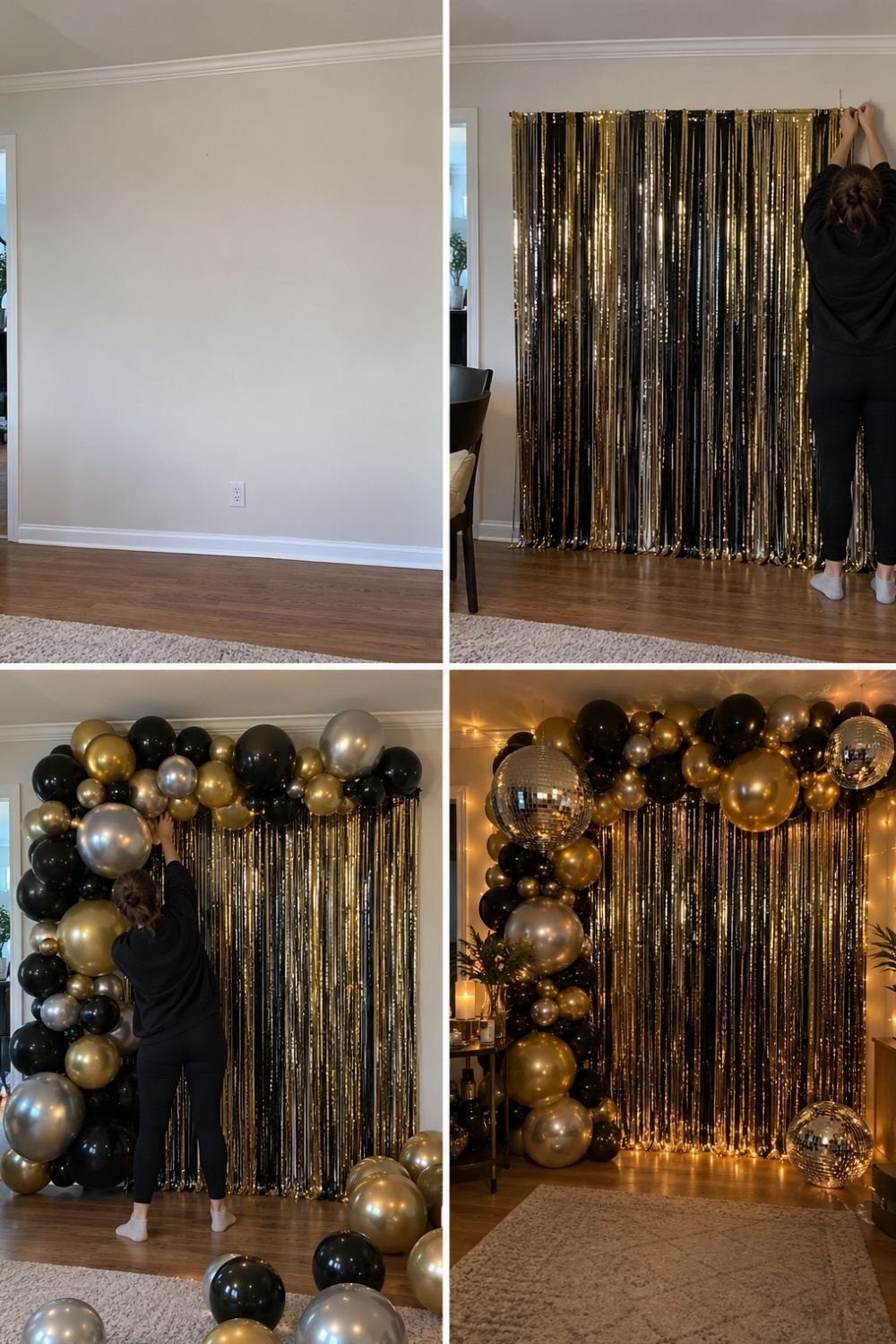 Four steps building a New Year's Eve backdrop wall with black and gold foil fringe, a balloon garland, disco balls and fairy lights